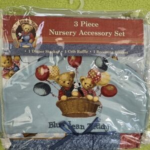 NWT NIP  3-Piece Nursery Accessory Set BLUE JEAN TEDDY CRIB RUFFLE + (Q4)